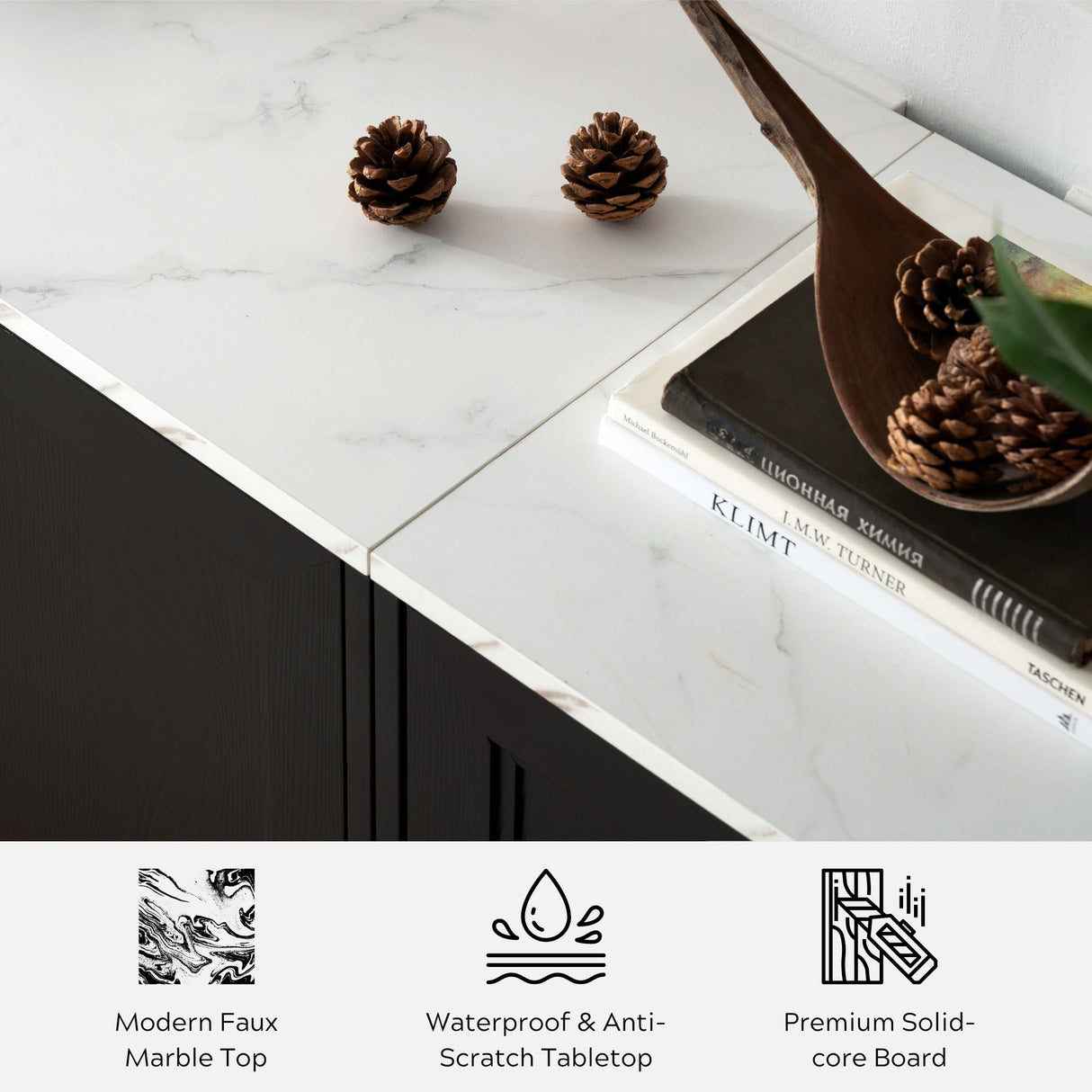 EYYTHUNG Black Storage Cabinet Set of 2, Modern Accent Cabinet with Faux Marble Top & Adjustable Shelves, Wooden Credenza, Console Table Entryway Cabinet EYYTHUNG