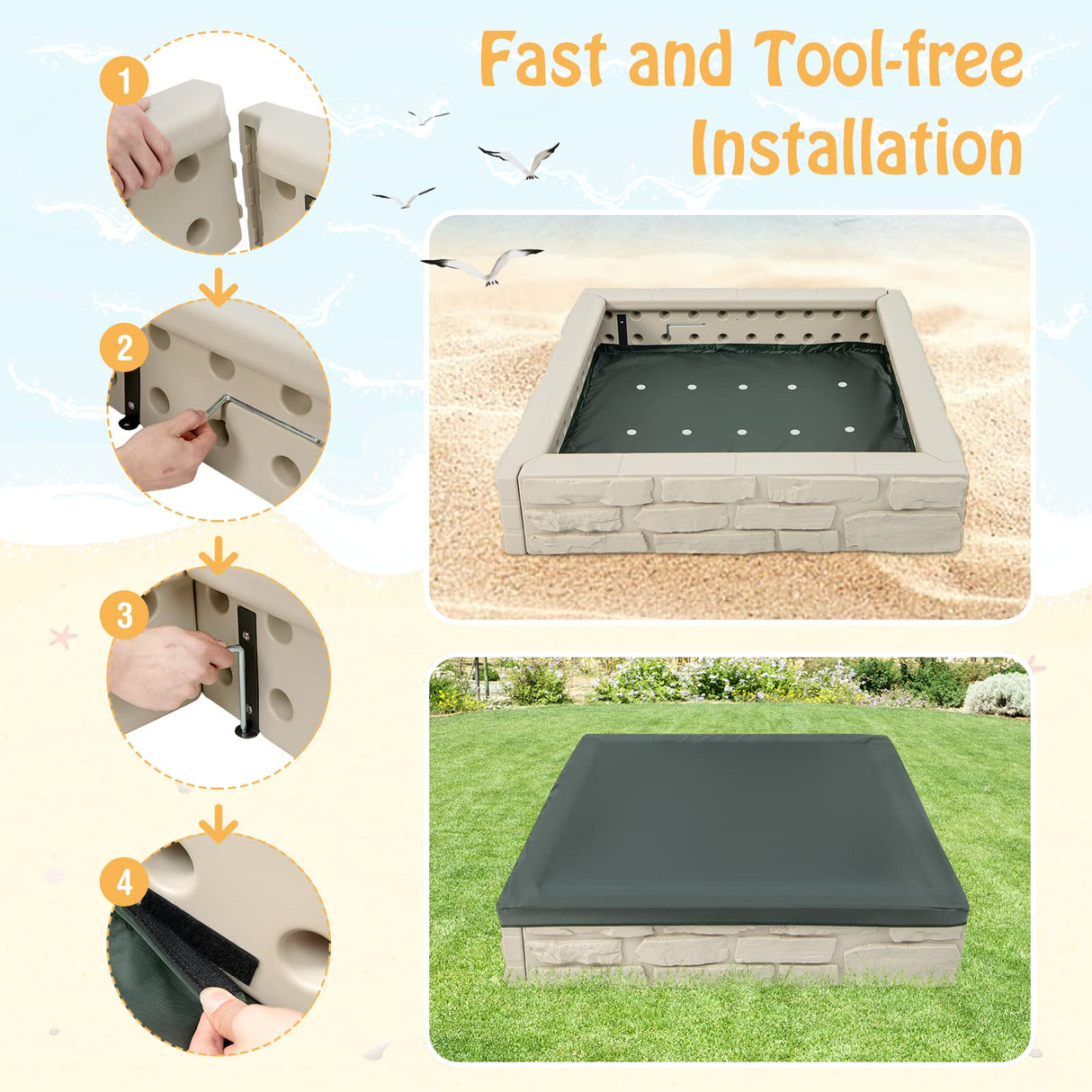 HONEY JOY Sandbox with Cover, 47x47 Inch Square Sand Pit for Backyard, Bottom Drainage Oxford Liner, HDPE Playful All Weather Resistant Sand Boxes for Kids Outdoor with Lid (White) HONEY JOY