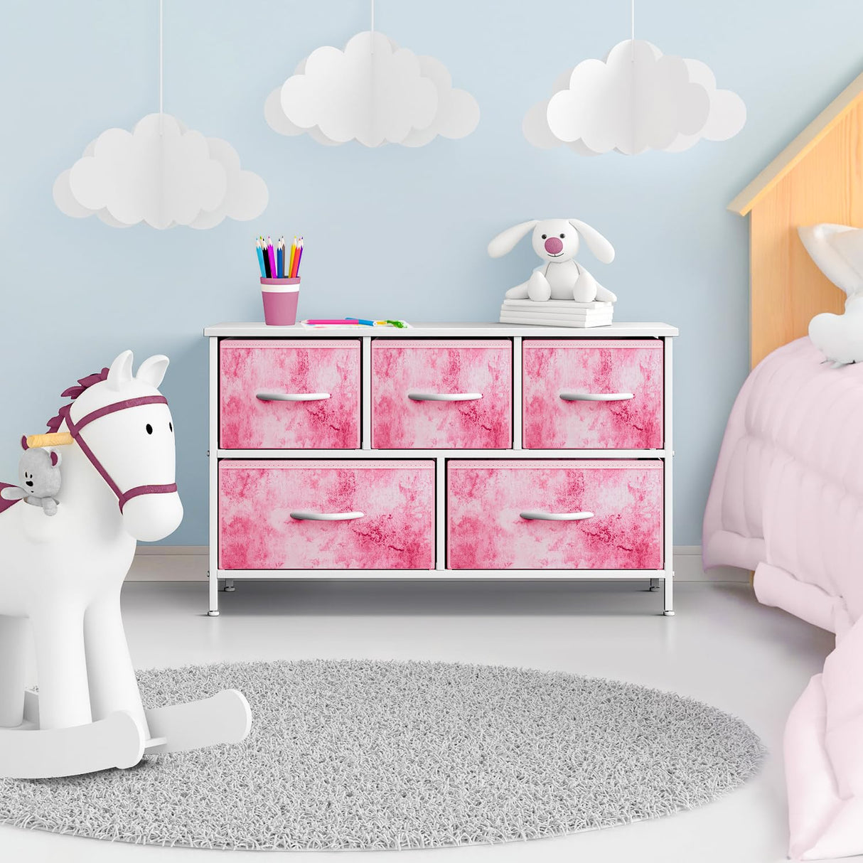 Sorbus Kids Dresser with 5 Drawers - Storage Chest Organizer Unit with Steel Frame, Wood Top, Easy Pull Fabric Bins - Long Wide TV Stand for Bedroom Furniture, Hallway, Closet & Office Organization Sorbus