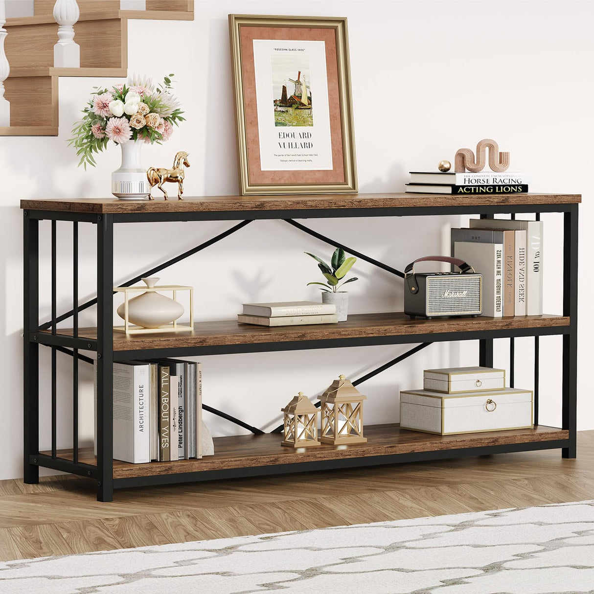 HSH Low Bookshelf, Industrial Wood 3 Tier Extra Long Horizontal Bookcase, Wide Open Metal Large Book Shelf for Bedroom Living Room, Rustic Brown, 70 Inch HSH