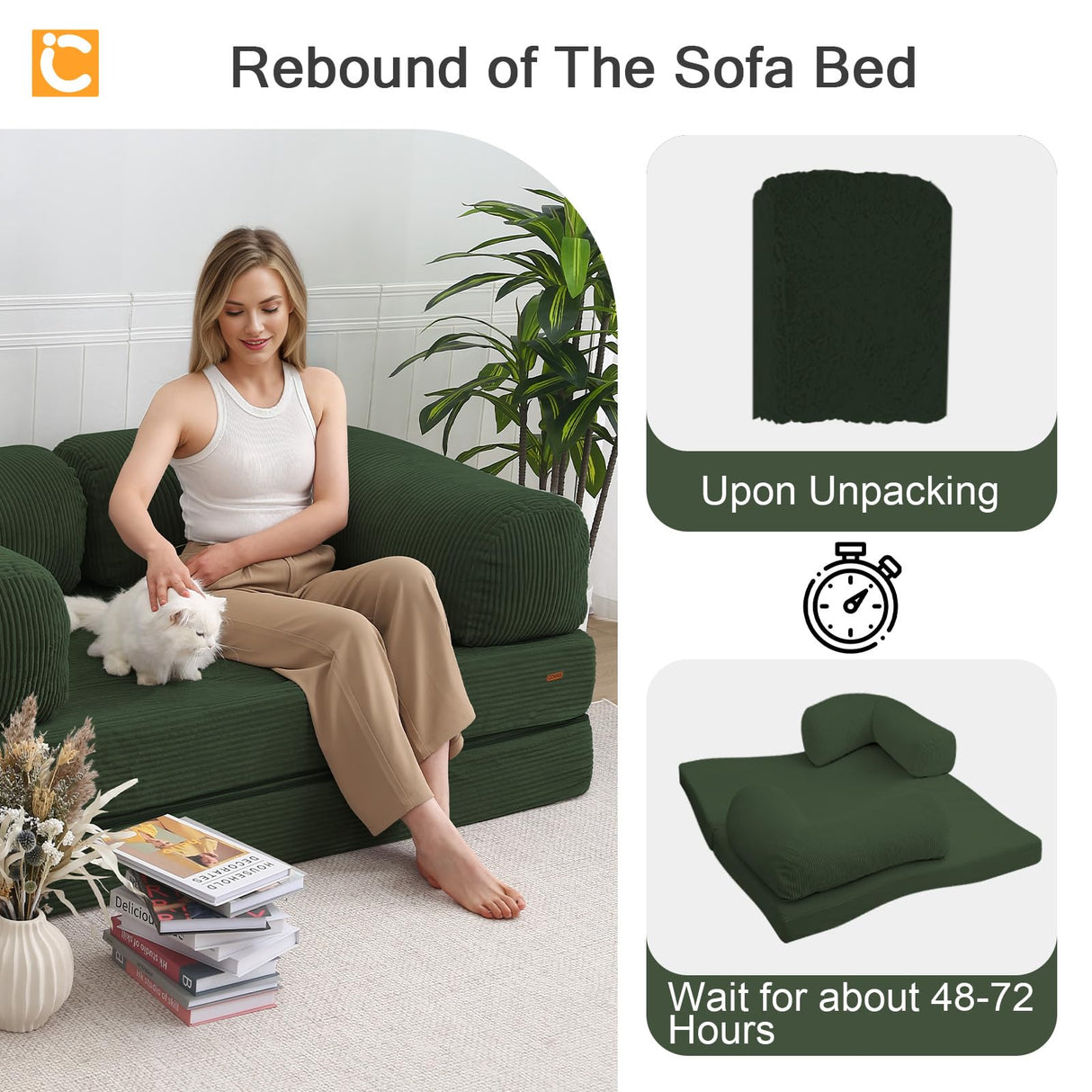 COMAX Futon Sofa Bed, 4-in-1 Floor Foldable Sofa Couch Bed Queen with L-Shaped Armrests, Convertible Folding Chair Bed Sleeper Mattress Fold Out Comfy Lounge for Living Room Bedroom, Green COMAX