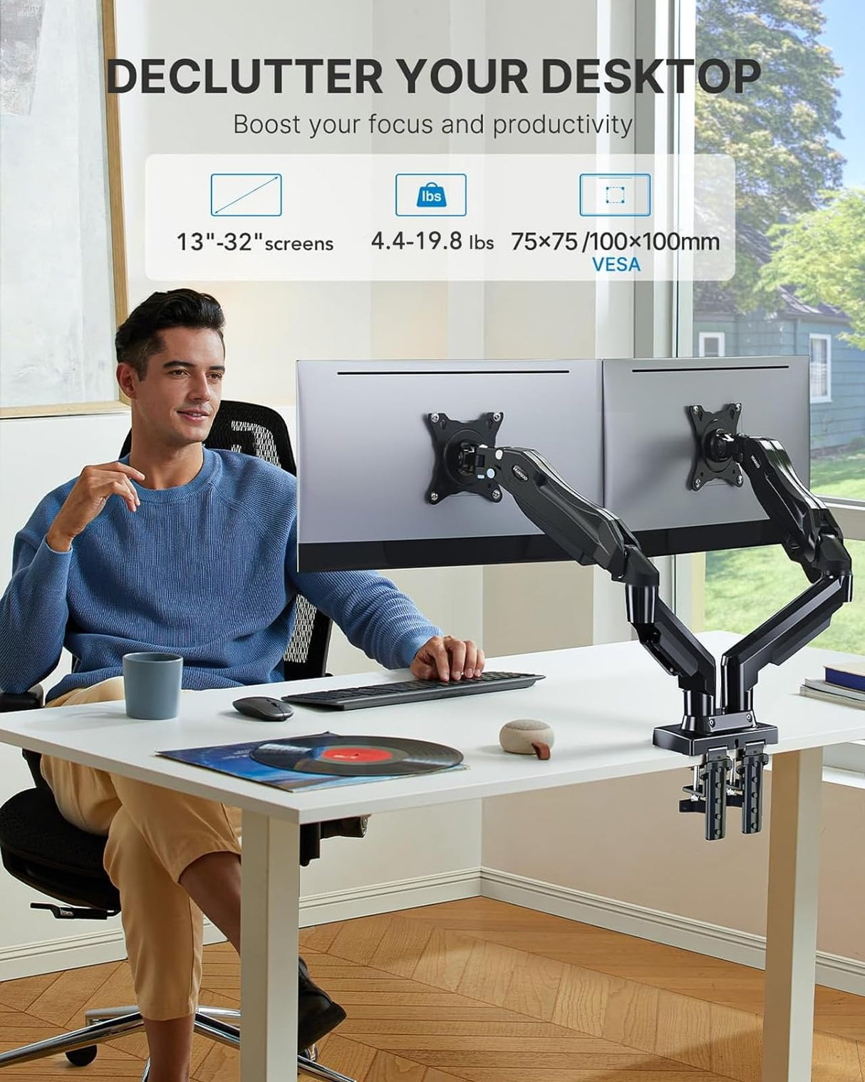 HUANUO Dual Monitor Stand - Full Adjustable Monitor Desk Mount Swivel Vesa Bracket with C Clamp, Grommet Mounting Base for 13 to 32 Inch Computer Screens - Each Arm Holds 4.4 to 19.8lbs HUANUO