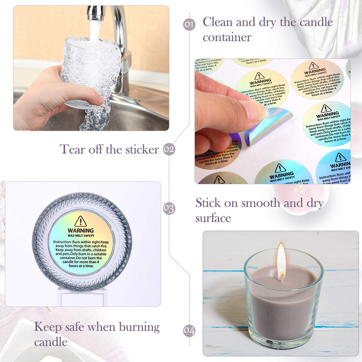 Holographic Candle Warning Labels Candle Jar Container Stickers Wax Melting Safety Stickers for Jars Tins Containers Making Supplies(240 Pieces) Zonon