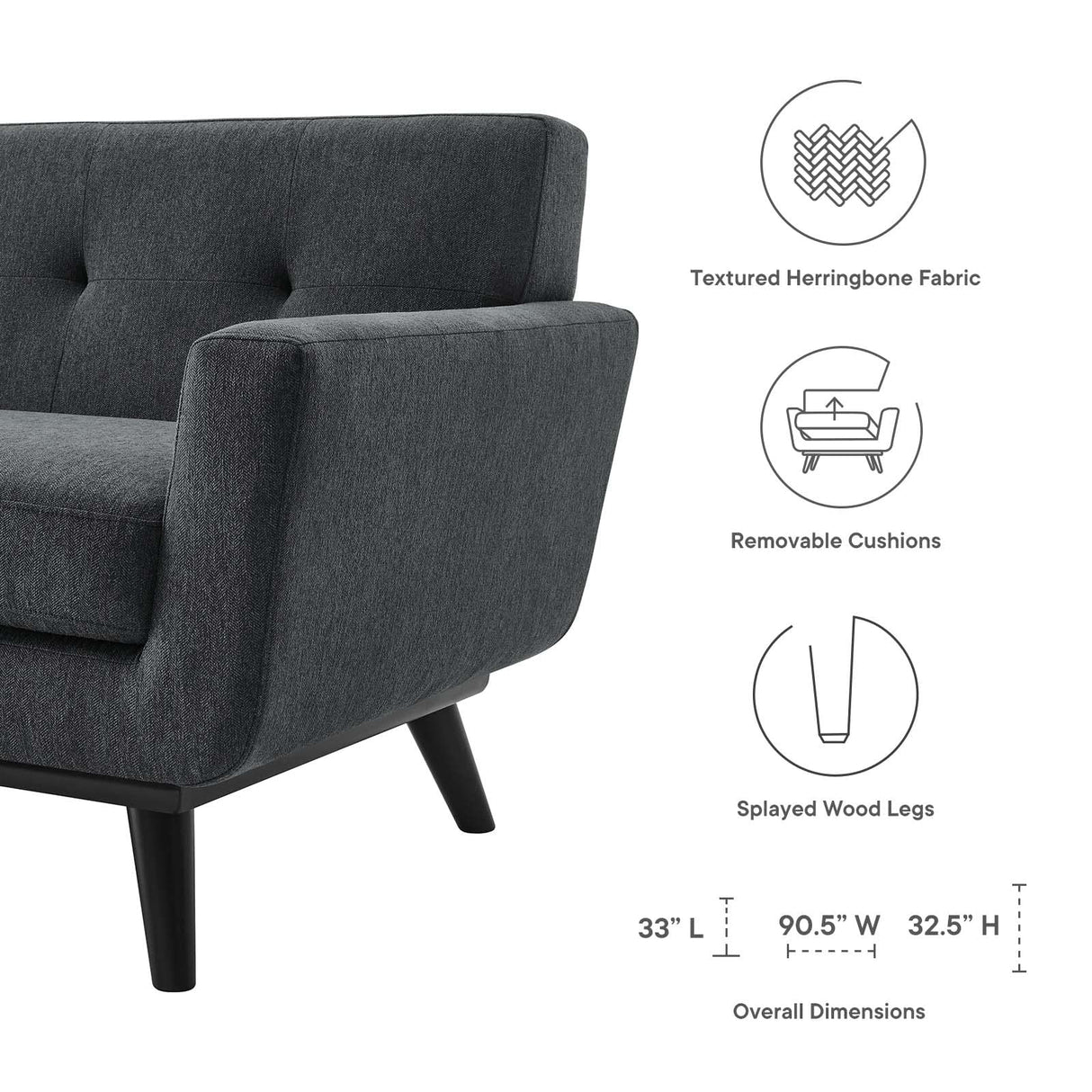 Modway Engage Mid-Century Modern Herringbone Fabric Sofa in Charcoal Modway