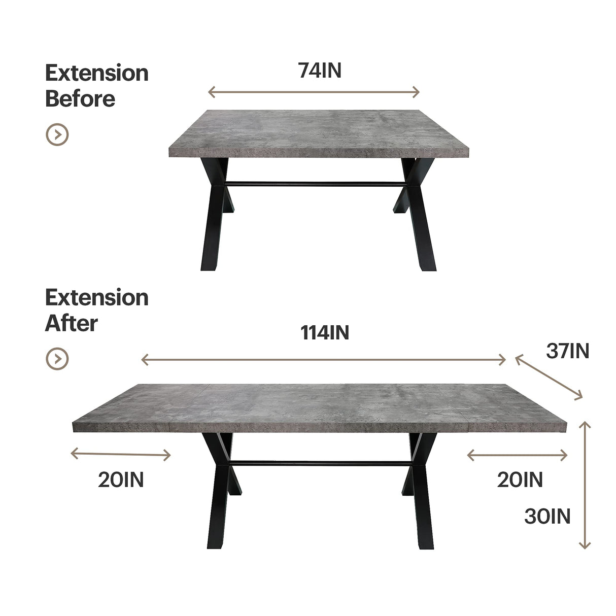 Acanva Expandable Dining Table for 6-8 Seat, Modern Rectangle Design with Extension Leaf for Kitchen Restaurant, Thicker Top and Carbon Steel Pedestal, 74.9''(+40)Wx37''Dx30''H, Dark Grey Acanva