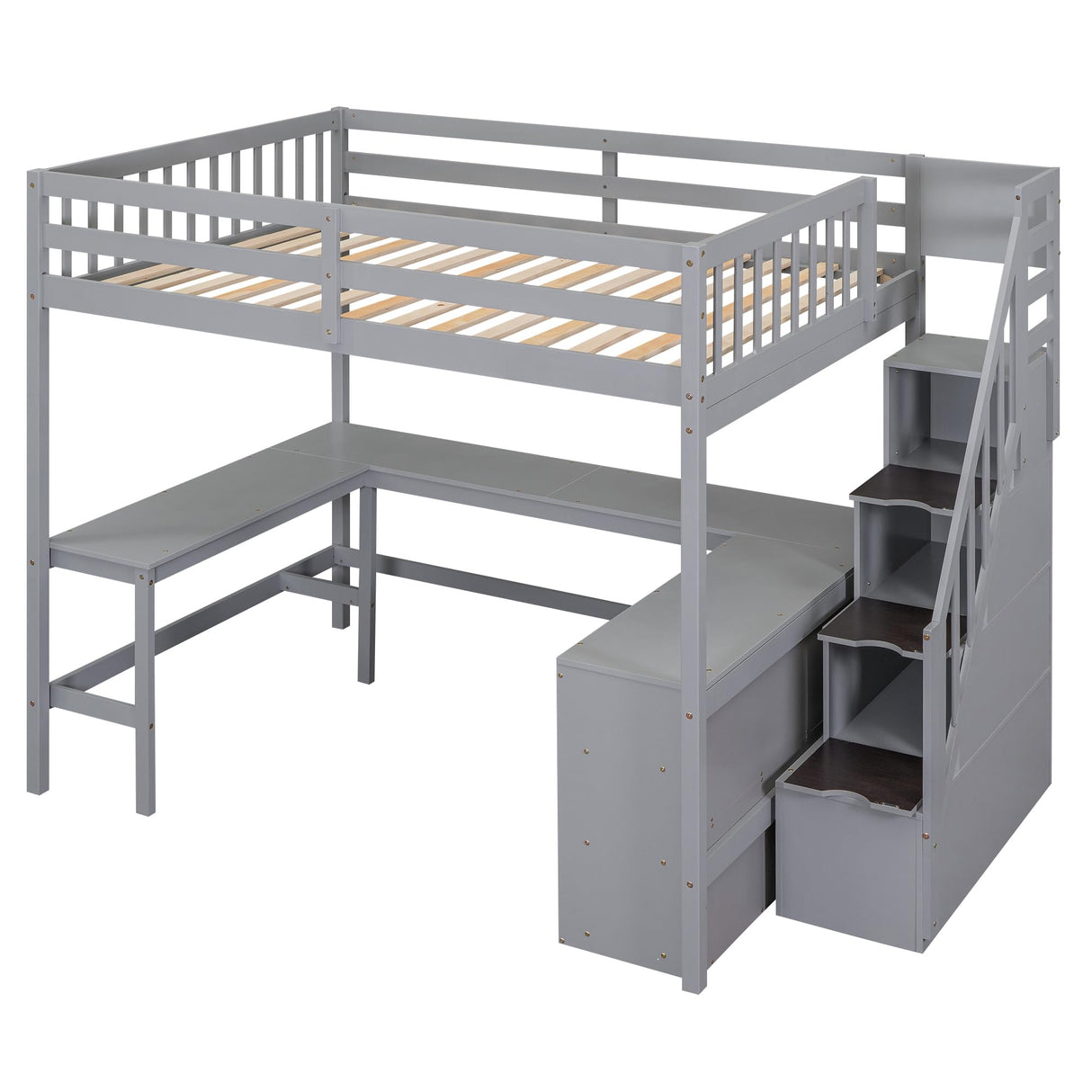 SOFTSEA Grey Full Loft Bed with L-Shaped Desk, Storage Steps, and Cabinet for Kids & Teens SOFTSEA