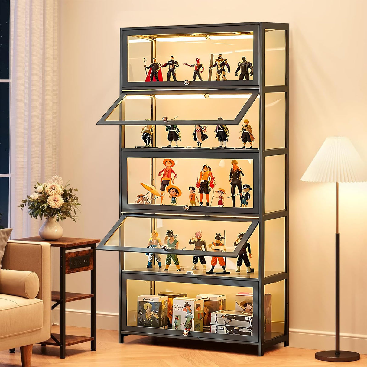 JOIHGA 5 Tier Display Cabinet with Acrylic Glass Doors, 68" Curio Display Cabinet with Adjustable Shelves, Large Capacity Storage Cabinet Collectibles Toy Organizers Rack & Display Shelf for Playroom JOIHGA