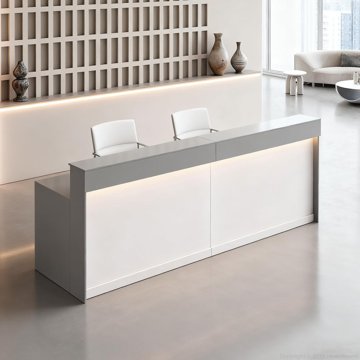 Huariifowm Modern Reception Counter, Office Reception Stand with Drawers Front Desk Reception Room Table with Keyboard Holder for Office (Grey/Regular Type, 86.61" L*23.62" W*39.37" H) Huariifowm