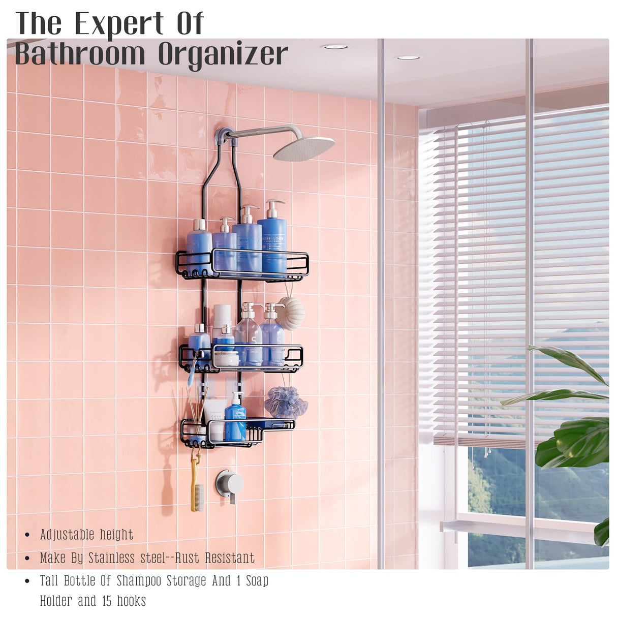 Shower Caddy Hanging Bathroom Organizer: Over Head Adjustable Rack for Tall Showerhead - Extra Large Storage Shelf for Big Shampoo Bottles with Soap Holder Skyapex