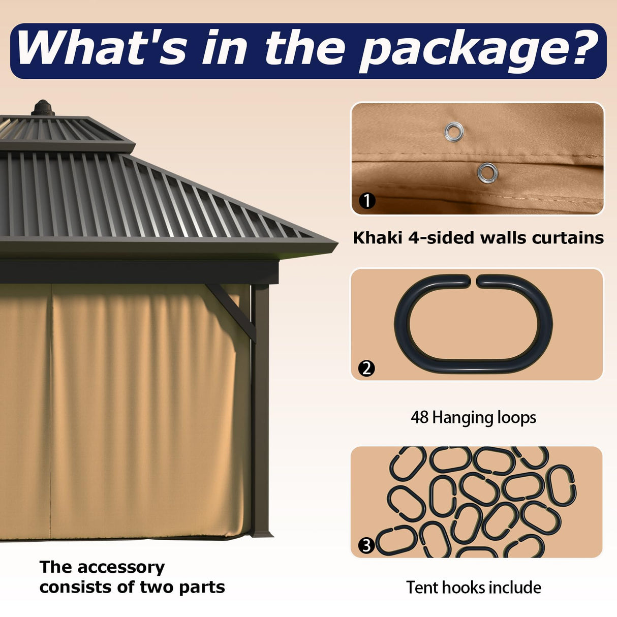 10’x12’ 4-Side Wall Gazebo Privacy Curtains with Zipper for Lowe's Allen Roth #GF-12S004B-1 / GF-12S004BTO / TPGAZ17-002, 4-Panels Sidewall Curtains Replacement for 10-ft x 12-ft Gazebo (Khaki) Fengind