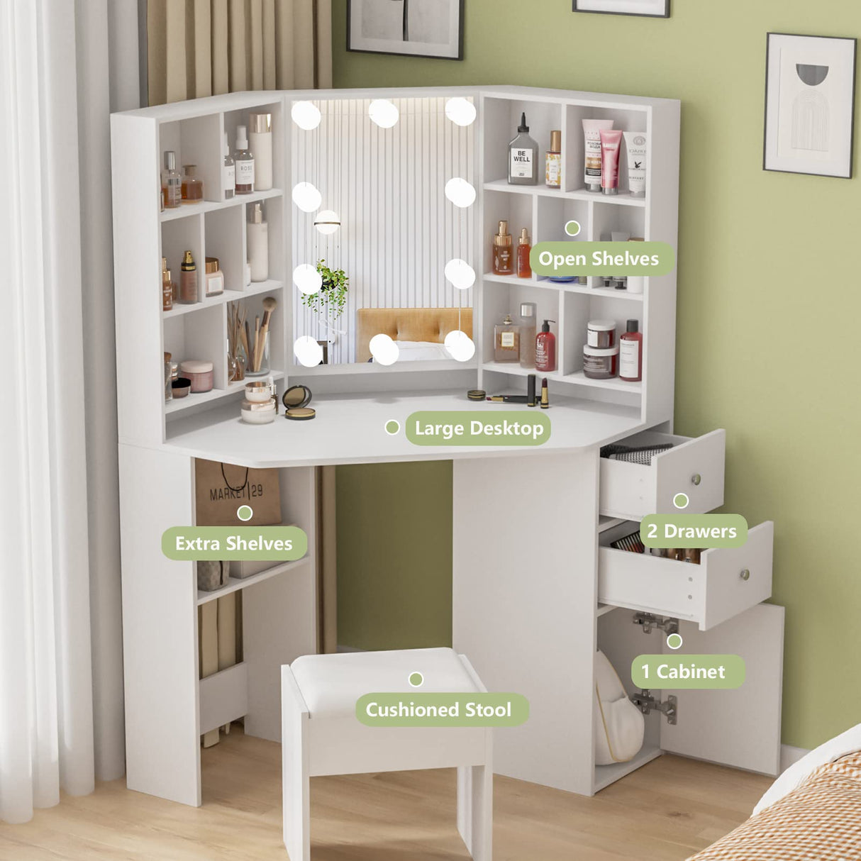 Fameill Corner Makeup Vanity Desk with Lighted Mirror,White Vanity Set with Lights,Large Dressing Tables with Lots Storage for Bedroom,3 Lighting Modes with Adjustable Brightness,46 Inch Fameill