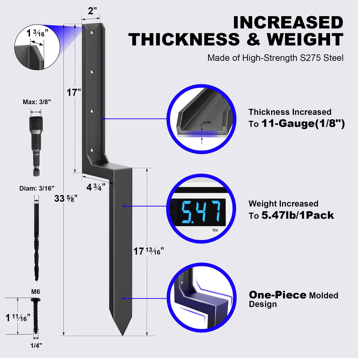 AKINGKONG Thicker Steel Fence Post Repair Kit, Anchors Ground Spikes, Decking Posts, Support Garden Broken 4x4/6x6 Wood Fence Post Stakes (Thicker 11-Gauge, 4 Pack/Black) akingkong