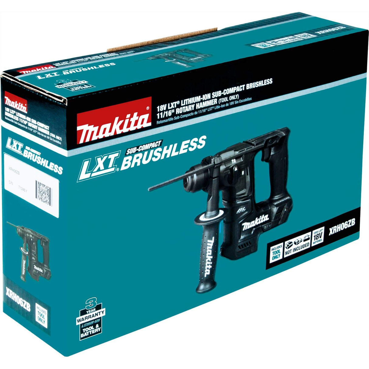 Makita XRH06ZB 18V LXT Lithium-Ion Sub-Compact Brushless Cordless 11/16" Rotary Hammer, Accepts Sds-Plus Bits, Tool Only Makita