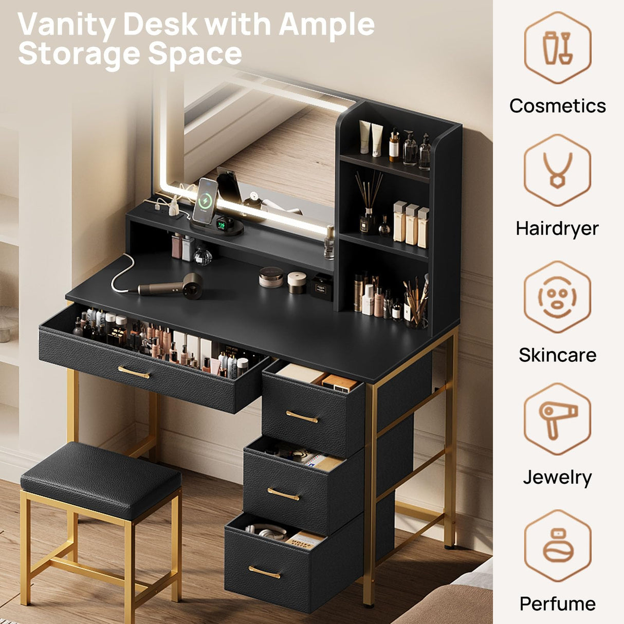 Rolanstar Vanity Desk with Mirror and Lights, Makeup Vanity with Upholstered Vanity Stool, 4 Drawers, Power Outlets, Vanity Set with 4 Compartments for Bedroom Black and Gold Rolanstar