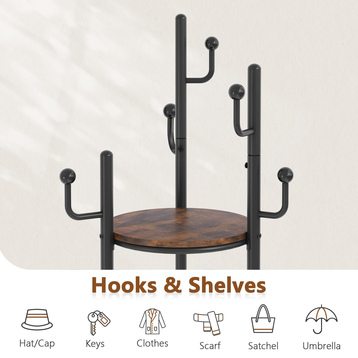 Hoctieon Coat Rack Freestanding, Round Coat Rack with 3 Wooden Shelves and 1 Fabric Basket, Metal Clothes Tree with 5 Hooks, Coat Hanger Stand for Clothes, Hats, Bags, Brown and Black Hoctieon