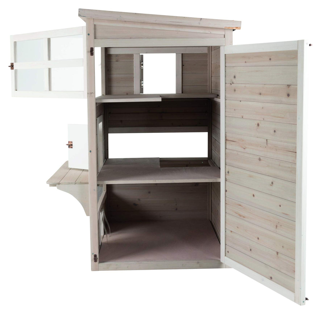 TRIXIE Outdoor Cat House, Weatherproof 3-Story Cat House with Multiple Levels, Doors & Windows with Latches, Outdoor Shelter for Cats, Brown/White Fir Wood TRIXIE