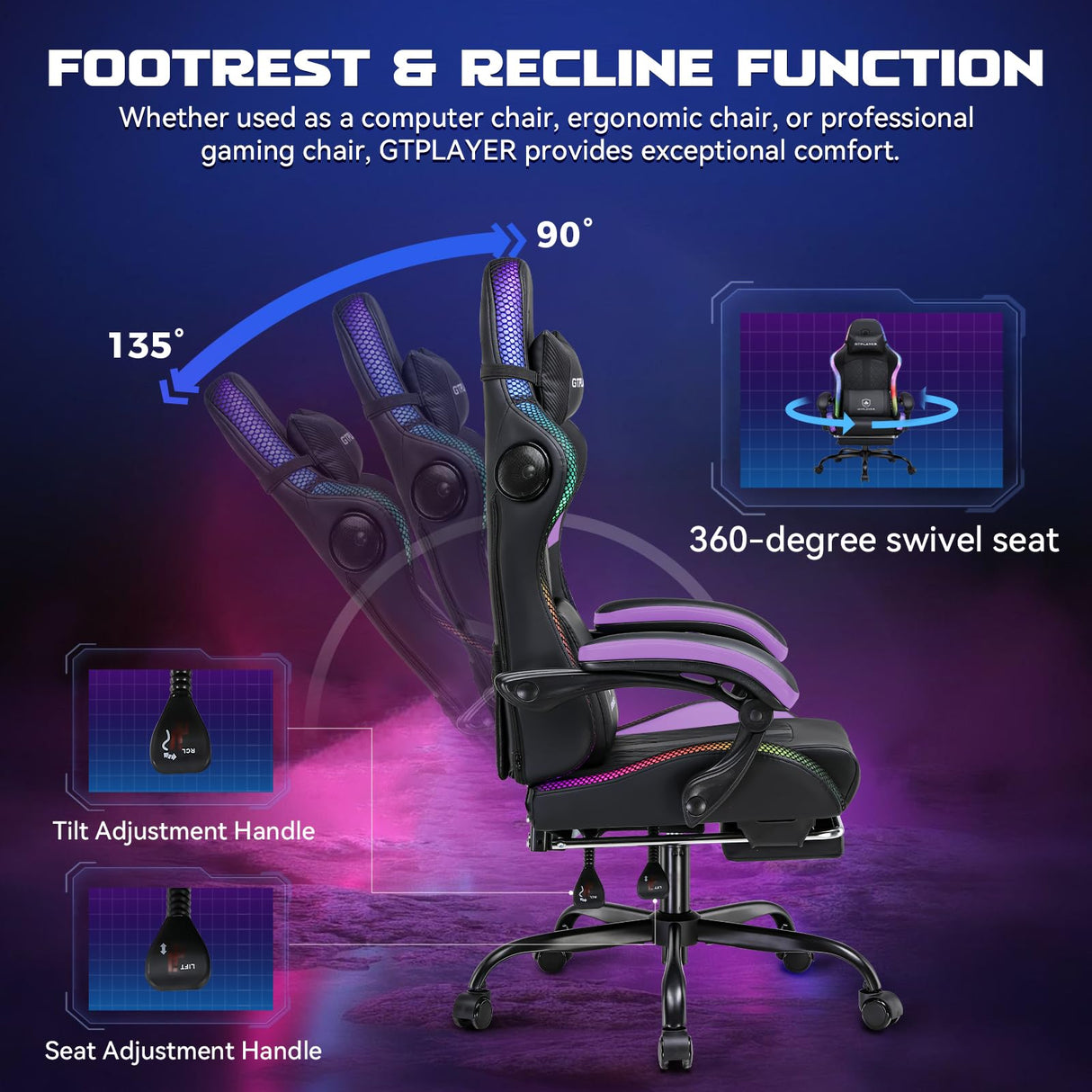 GTPLAYER RGB Gaming Chair with Speakers, Computer Chair with Footrest and LED Lights, High Back Reclining Office Chair with Headrest, 360°Swivel Chair (Purple) GTPLAYER