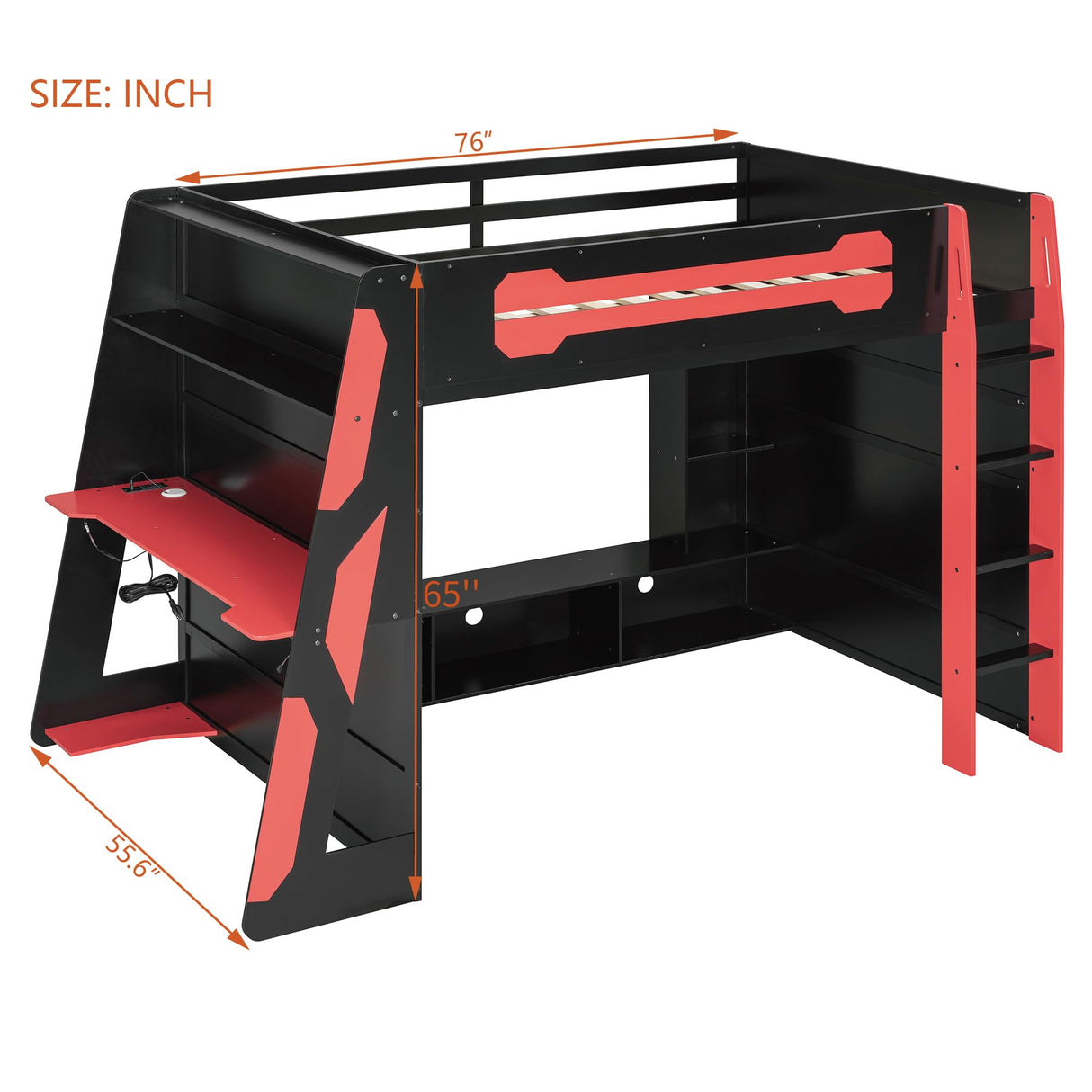 Modern Full Size Wood Gaming Loft Bed with Desk and Charging Station, Multi-Storage Shelves and LED,for Kids Teens Adults Bedroom Use (Red#RGB, Full) KLMM