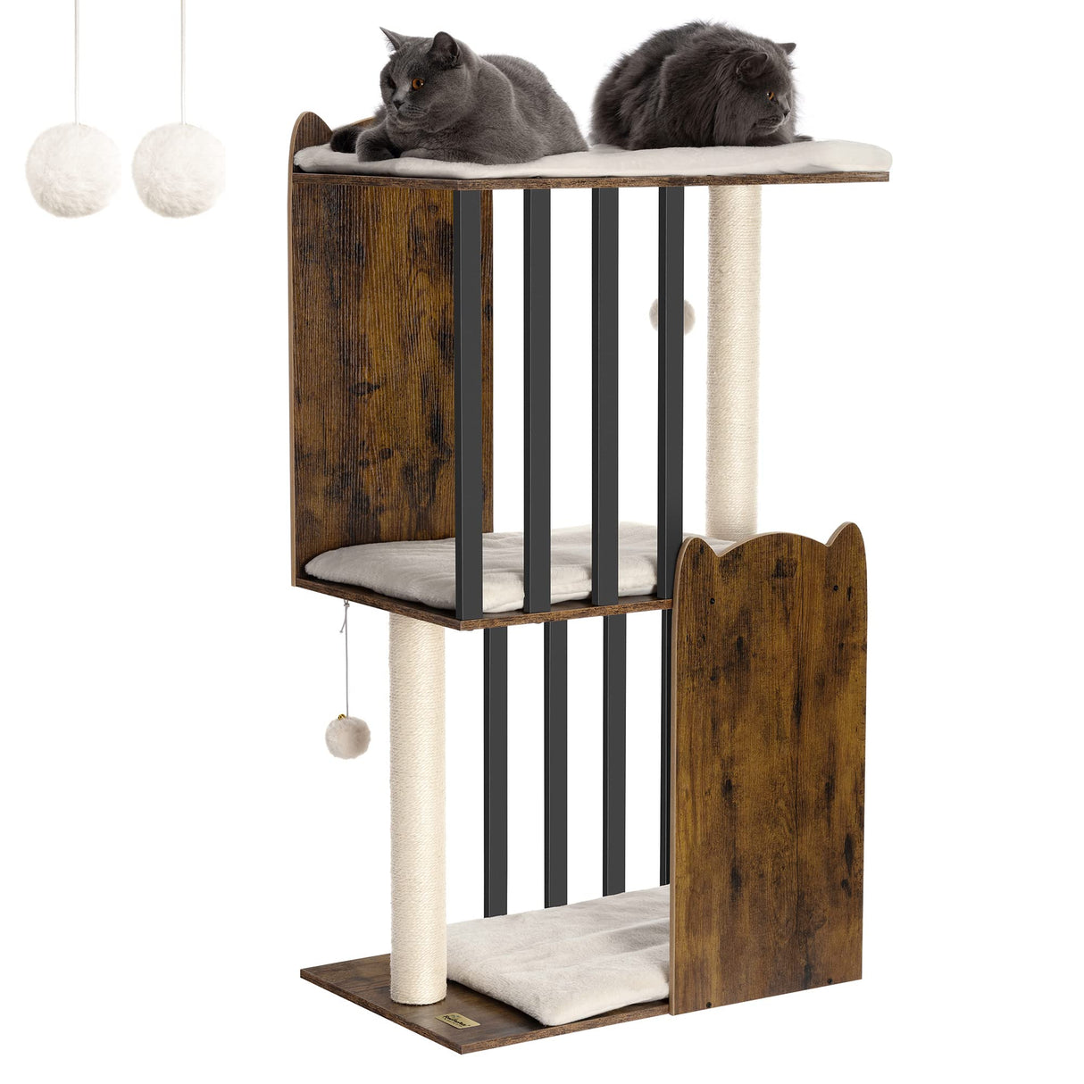 FourFurPets 43.8in 3-Tier Modern Cat Tree Tower Condo, Cat Scratch Posts for Indoor Cats, Big Plate, Two 19.7in Full Sisal Scratching Posts, Rustic Brown FourFurPets