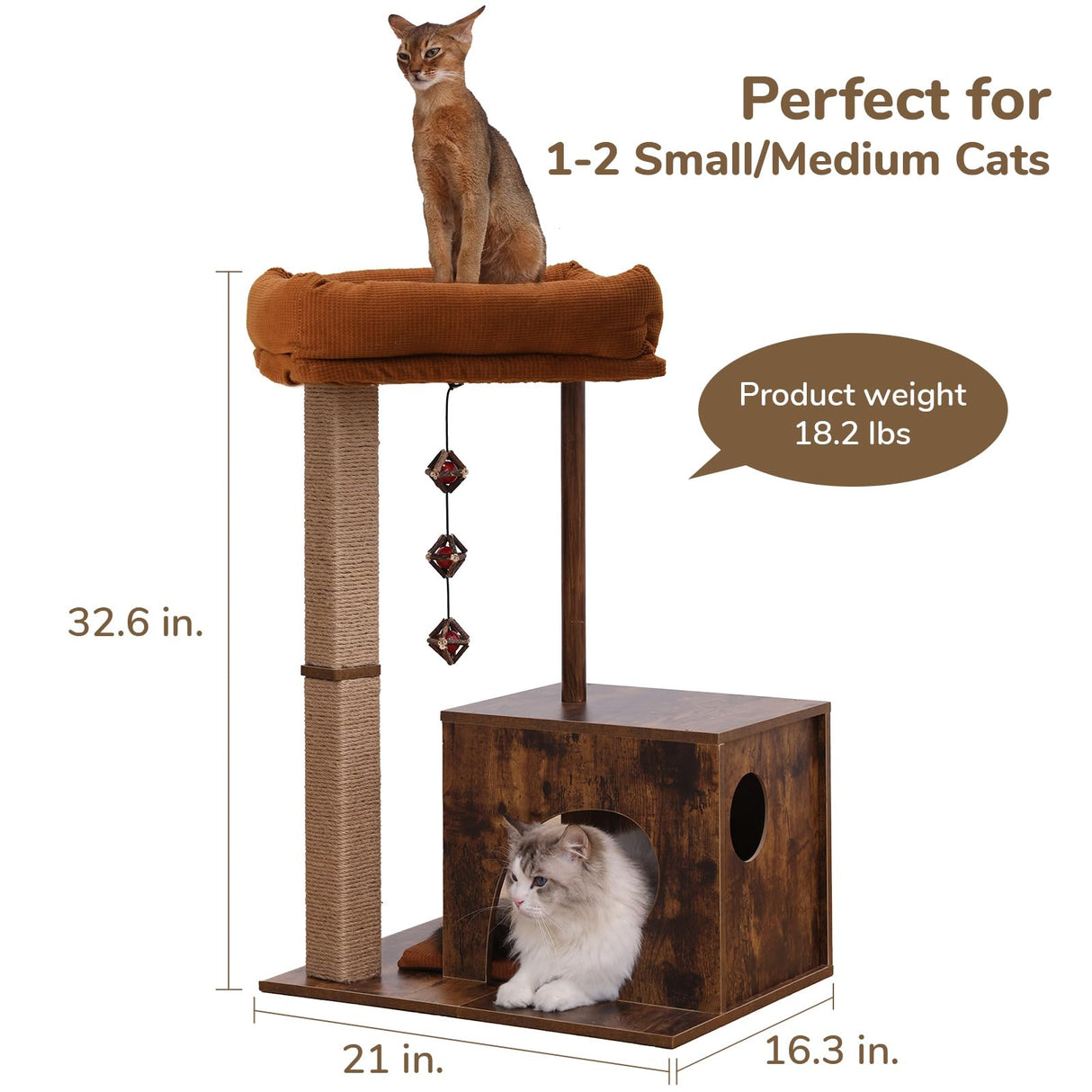 FUKUMARU Cat Scratching Post, Modern Style Cat Tree with Unique Square Post, Wooden Cat Tower with silvervine Balls, Retro Cat Condo Scratcher for Indoor Cats(Solid Wood) FUKUMARU