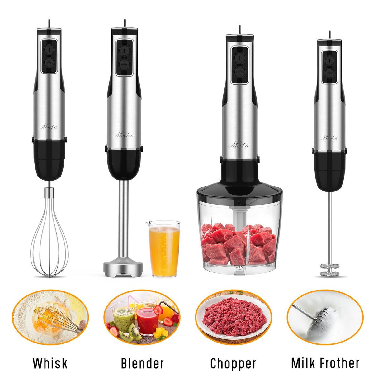 Immersion Blender Handheld, 1100W 5-in-1 Multi-Purpose Hand Blender, 12-Speed Stick Blender, 600ml Beaker, 500ml Chopper, Egg Whisk, Milk Frother, Black MOOKA FAMILY