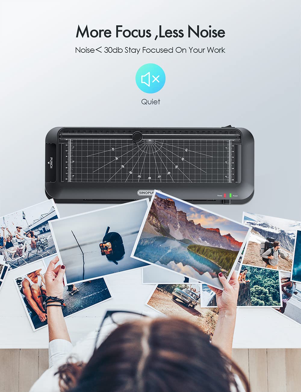 SINOPUREN 9-Inch Thermal Laminator Machine, 3-in-1 Laminator with Built-in Paper Trimmer, Hole Punch & Corner Rounder, 10 Laminating Pouches, Fast 3-Min Warm-Up, Jam-Free for Home, Office, School SINOPUREN