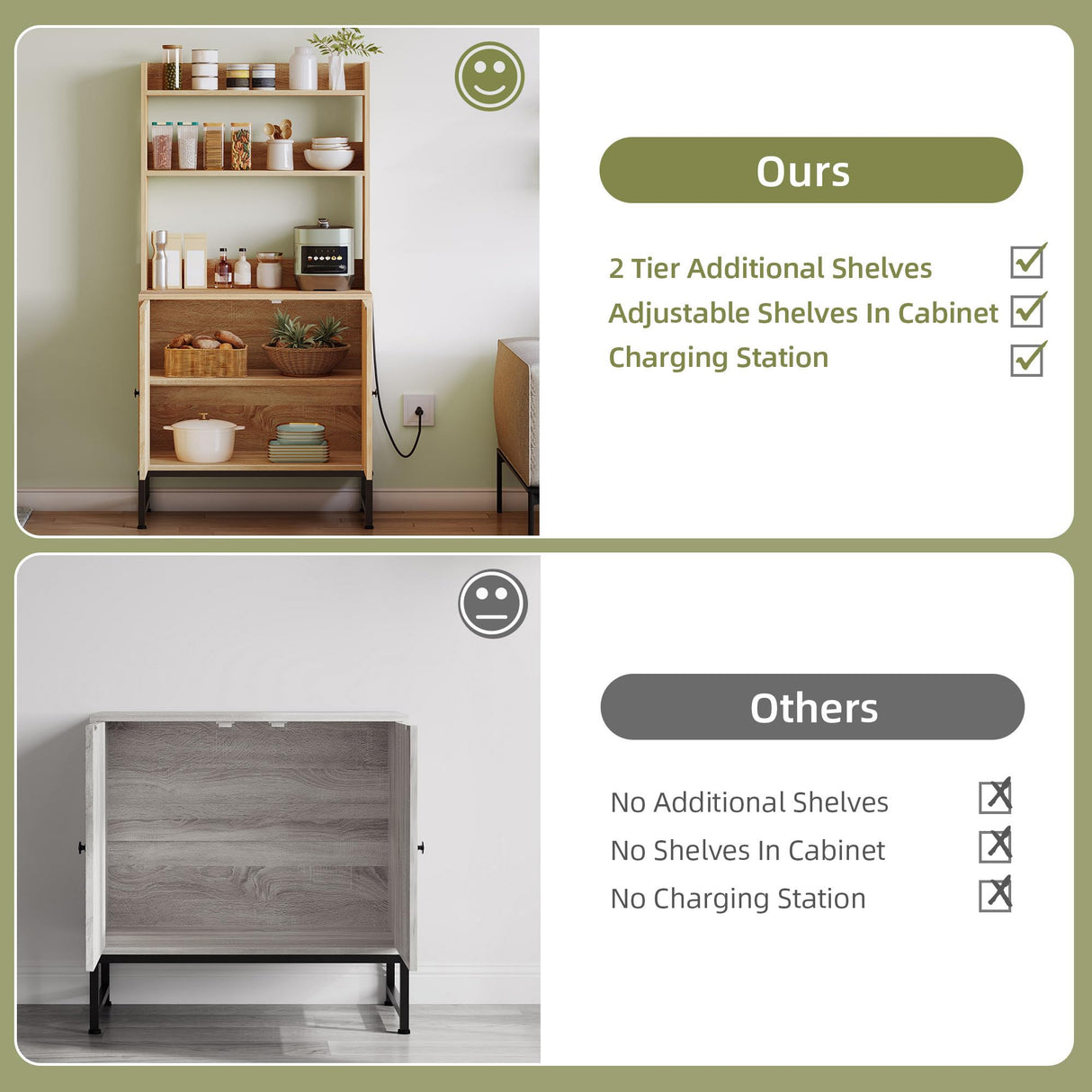 YITAHOME Bakers Rack with Storage and Power Outlet, 5 Tiers Woven Rattan Kitchen Microwave Stand Cabinet, Farmhouse Coffee Bar Station with Hutch Shelves, Oak YITAHOME