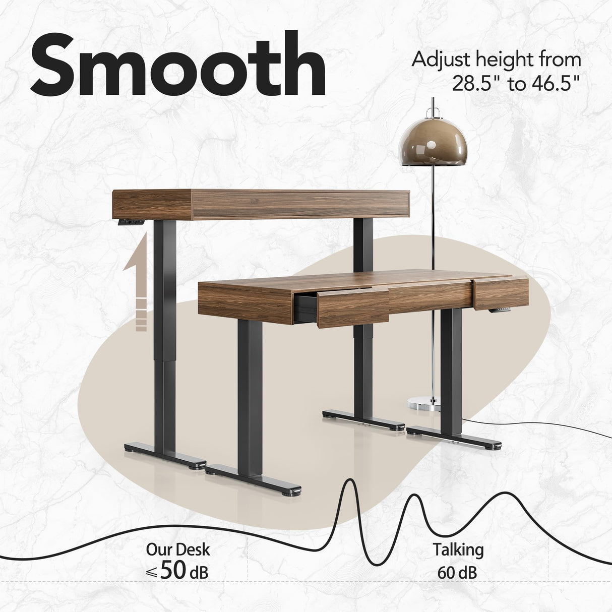 HUANUO Electric Standing Desk with 3 Drawers, 48 Inches Height Adjustable Stand Up Desk, Whole-Piece Board Computer Workstation with 4 Memory Height Settings, Black Walnut HUANUO