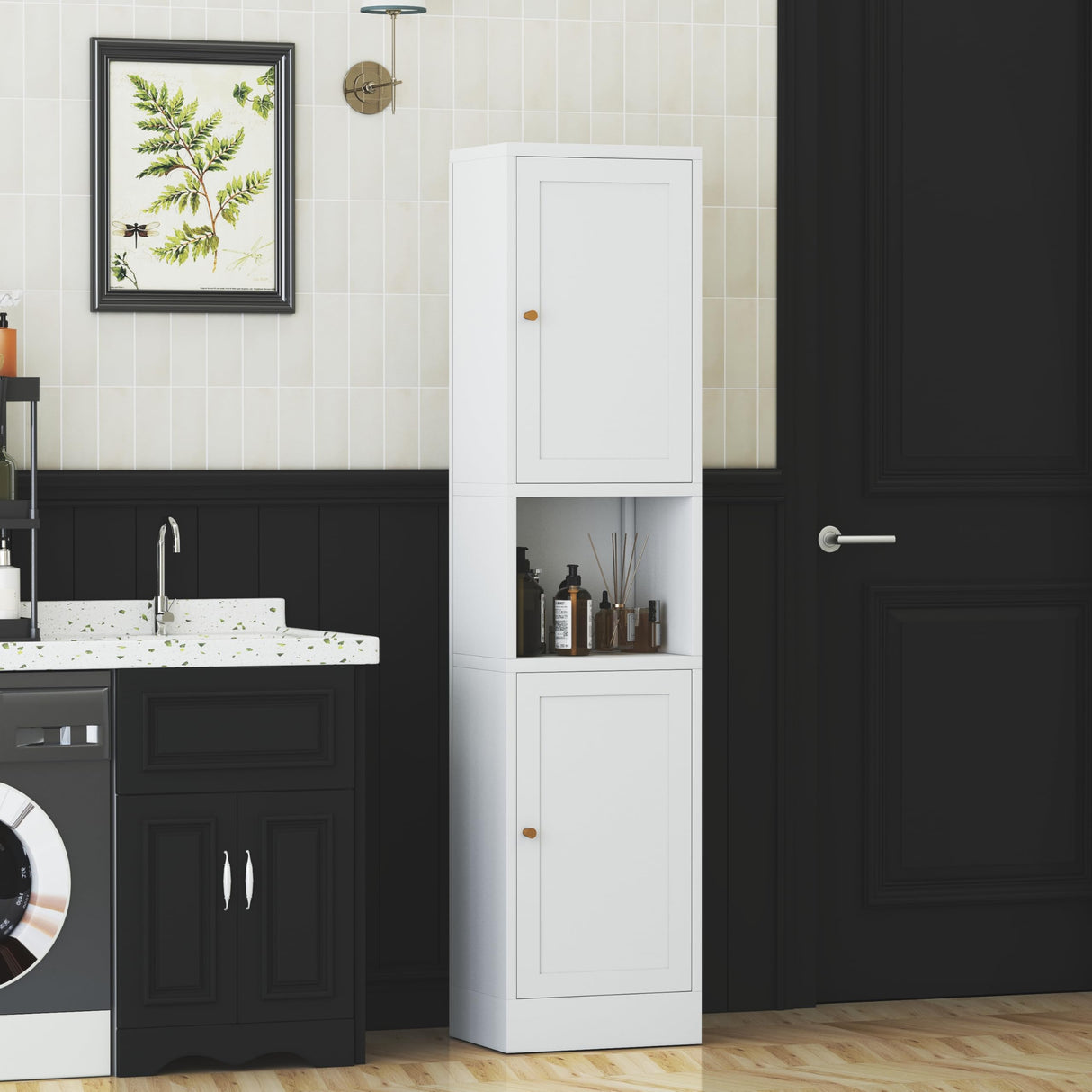 XIUSVON Tall Narrow Storage Cabinet - 67" Slim Bathroom Organizer with 3 Adjustable Shelves, 2 Doors (Left/Right Opening),Metal Floor Cabinet for Small Spaces, Bathroom & Kitchen (Metal, White) XIUSVON