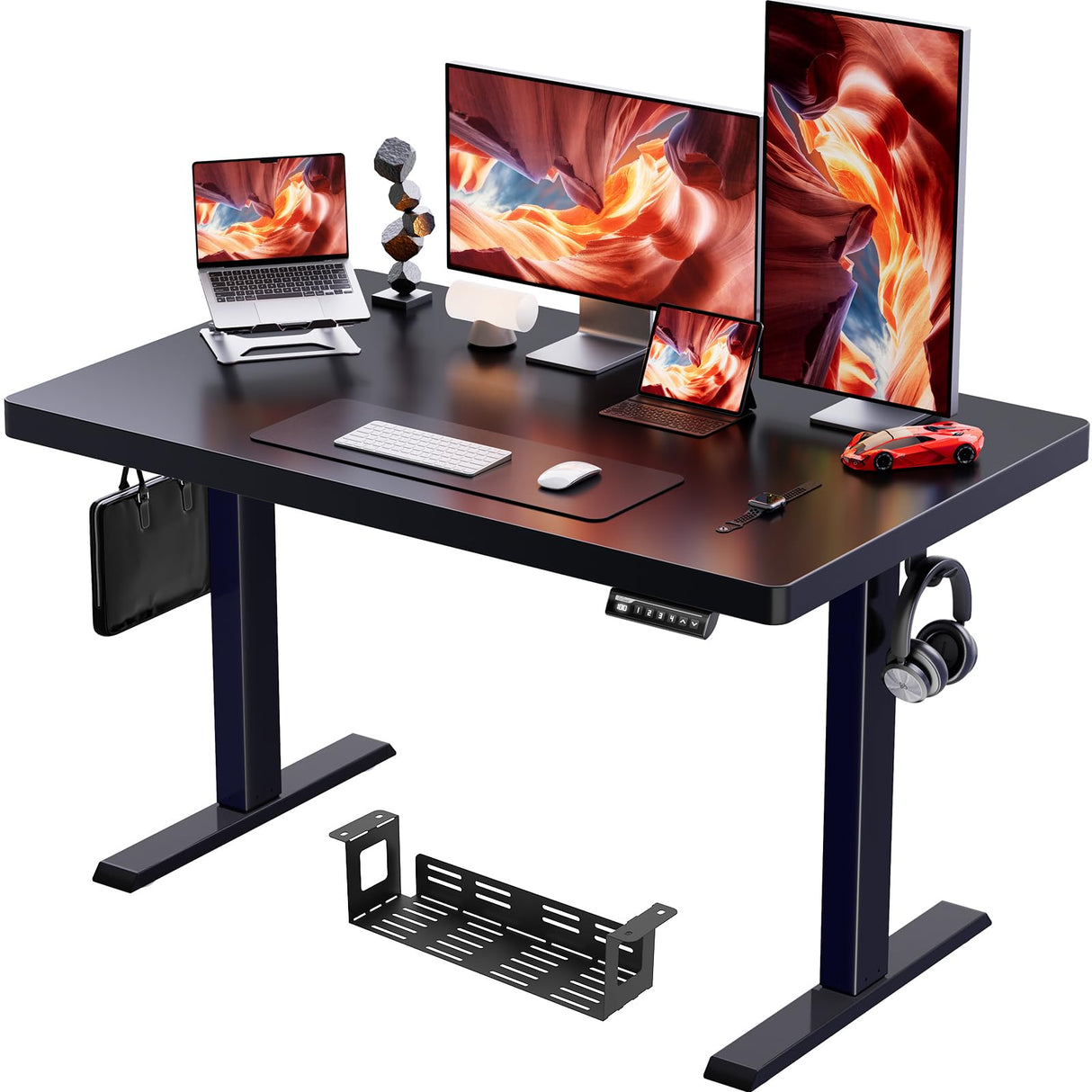 ErGear Whole Piece Standing Desk, 48x30 Inch Thick Adjustable Desk with 4 Height Memory, Electric Sit Stand Desk with Cable Management Tray, Ergonomic Desk for Home Office, Black, EGESD74B ErGear