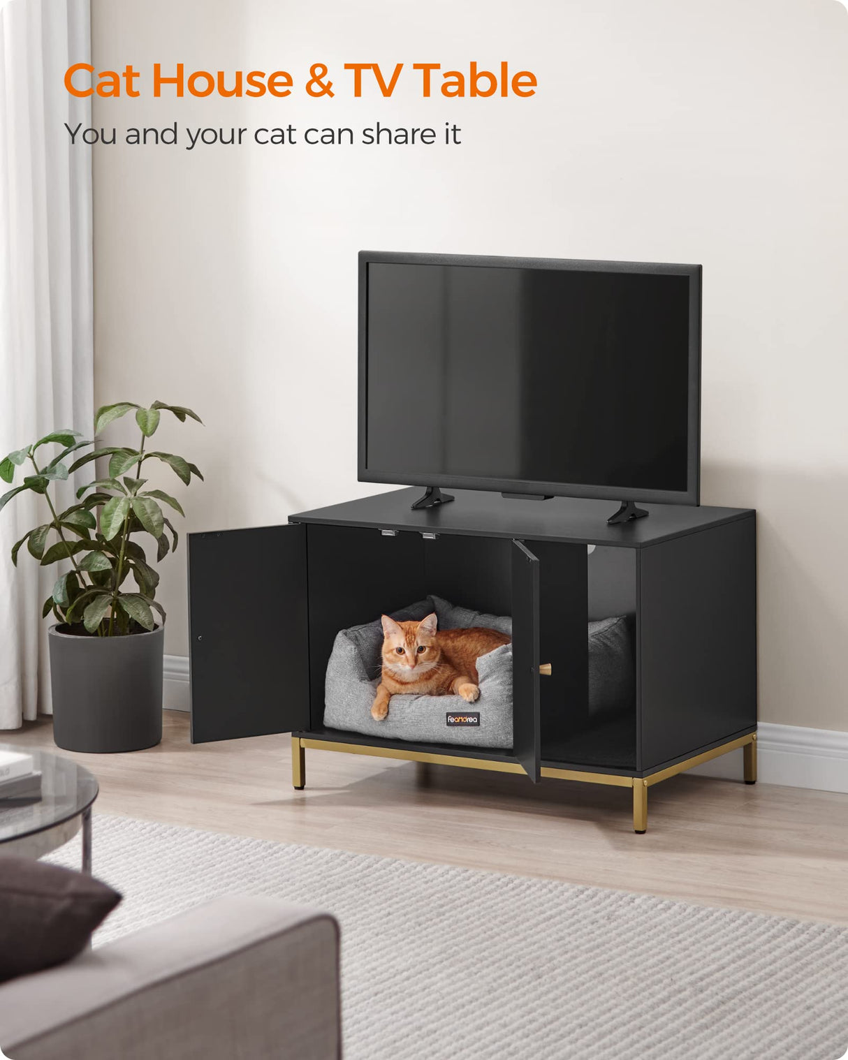 Feandrea Litter Box Enclosure, Modern Cat Litter Box Furniture Hidden, with Scratching Mat, Tall Legs, Cat House, Side End Table, 31.5 x 19.7 x 21.7 Inches, Black and Gold UPCL007B01 Feandrea