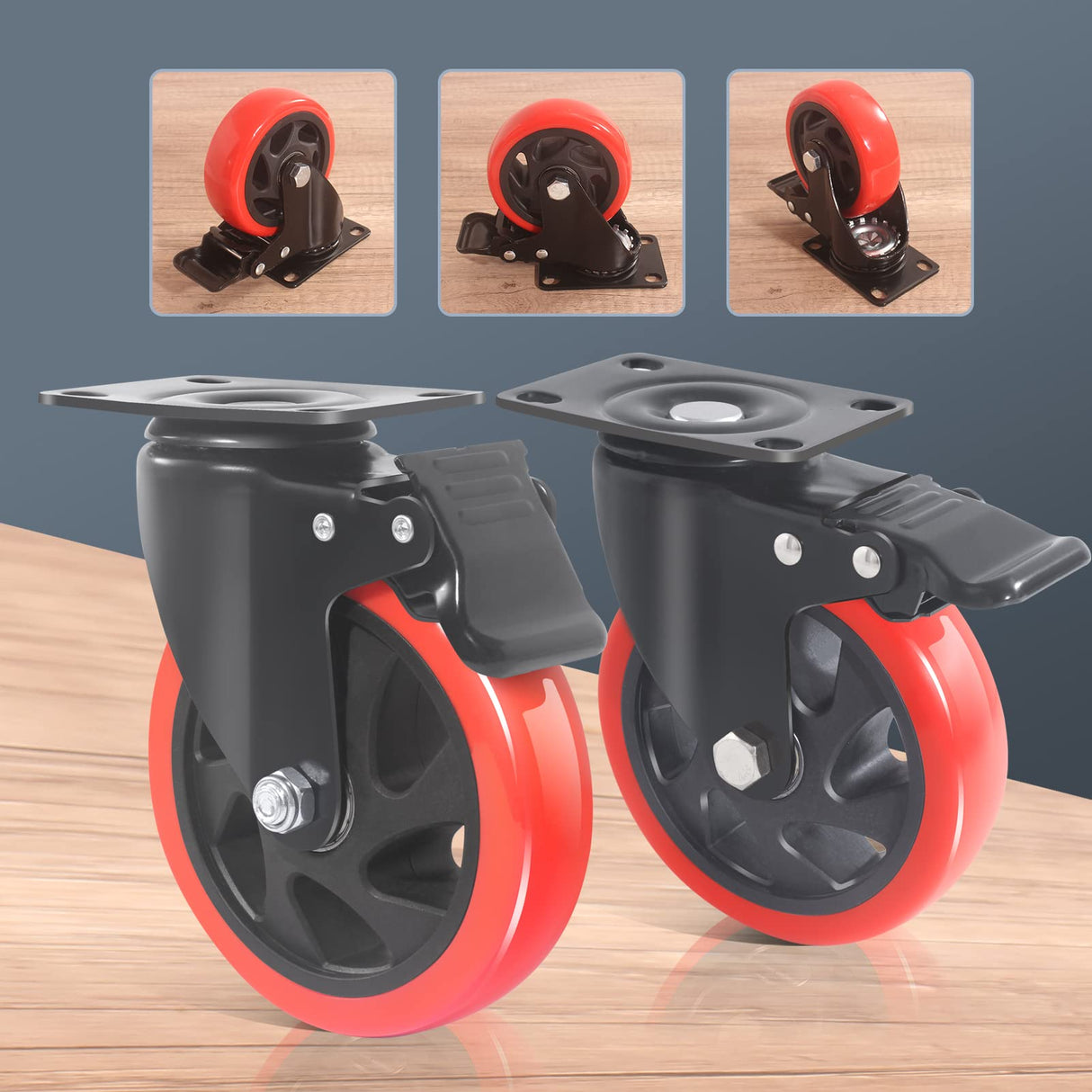 5 Inch Caster Wheels with Brake, Casters Set of 4 Heavy Duty 2000LBS, Safety Dual Locking Industrial Casters, Polyurethane Foam No Noise Wheels for Cart, Workbench(Two Hardware Kits Provided) Ashxakv