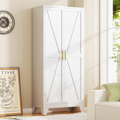 Metal Storage Cabinet with Doors and Shelves,Farmhouse Storage Cabinet with Barn Doors,71" Kitchen Pantry Cabinet,Versatile Storage for Home,Office,Bathroom(White)