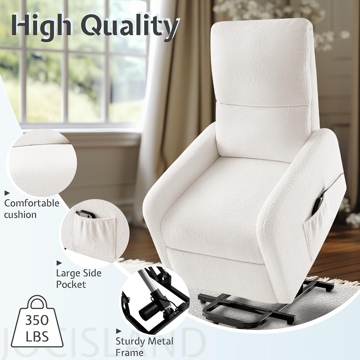 Jocisland Power Lift Recliner Chairs for Adults, Small Electric Recliners with High Back & Side Pocket for Nursery Living Room Bedroom, Comfy Upholstered Modern Nursing Single Sofa, Teddy White Jocisland