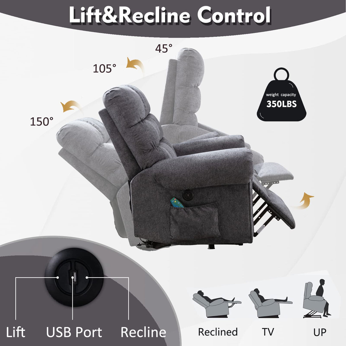 ANJ Large Power Lift Recliner Chair with Massage and Heat for Elderly Big People, Electric Wide Recliners, Heavy Duty and Safety Motion Fabric Reclining Mechanism with USB Ports, Side Pocket, Grey ANJ
