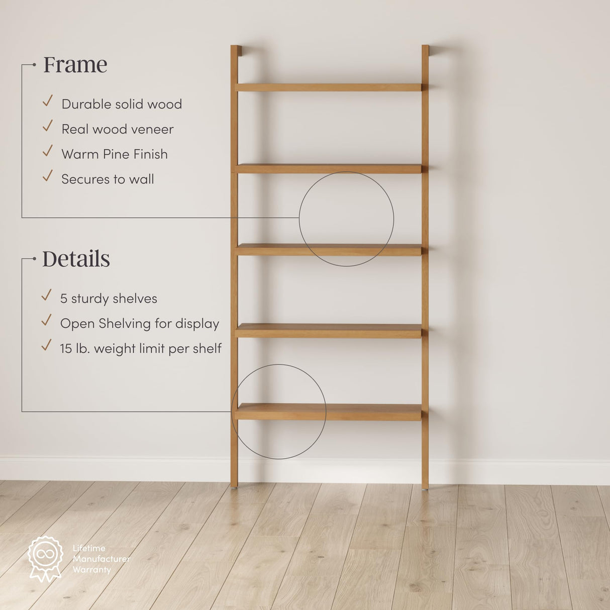 Nathan James Beacon Bohemian 5 Tier Bookshelf, Wall Mounted Bookcase, Solid Wood Bookshelf in Warm Pine Nathan James