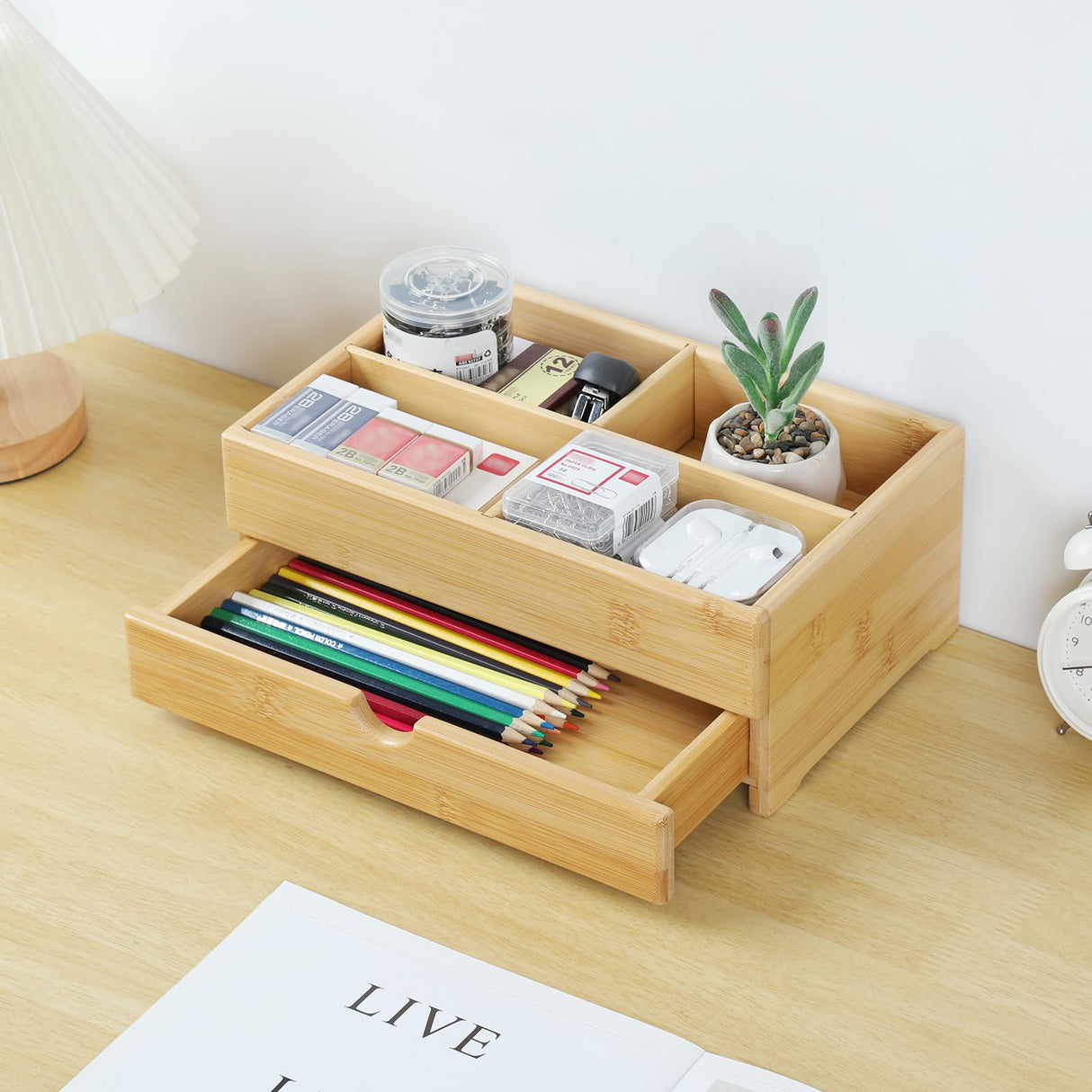 GOBAM Bamboo Makeup Organizer and Storage with Drawer, Wooden Cosmetic Organizer Countertop for Bathroom, Bedroom, Kitchen & Dresser, Desk Organizer with Drawers and Make up Vanity Station - Medium GOBAM