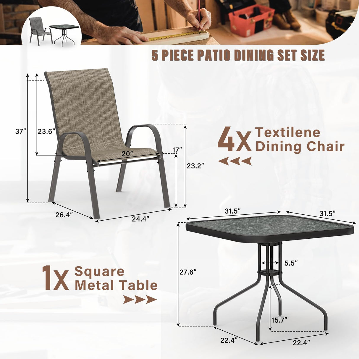 Amopatio Outdoor Dining Set of 5, Patio Table and Chairs Set, Textured Glass Tabletop, 4 Stackable Patio Chairs, Patio Furniture, Balcony, Porch, Lawn- Brown Amopatio