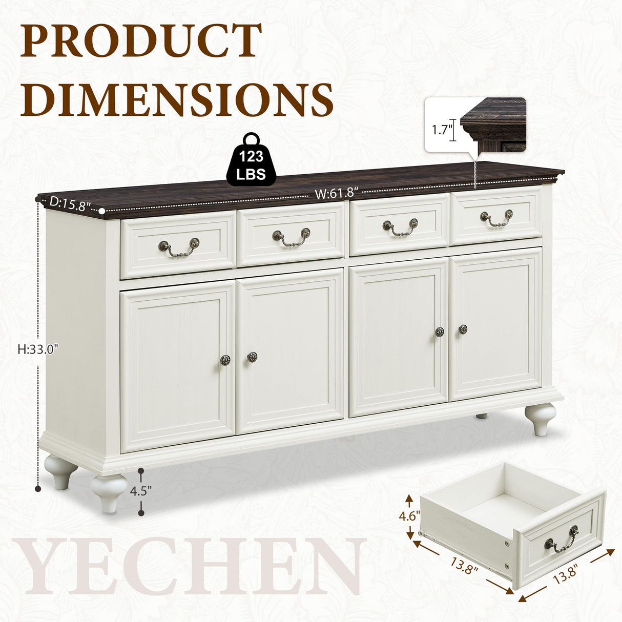 Yechen Sideboard Buffet Cabinet with Storage - 62" Large Buffet Cabinet with 4 Drawers & 4 Doors, Modern Farmhouse Coffee Bar Buffet Table with Wood Top for Kitchen, Dining Room, Living Room, White Yechen