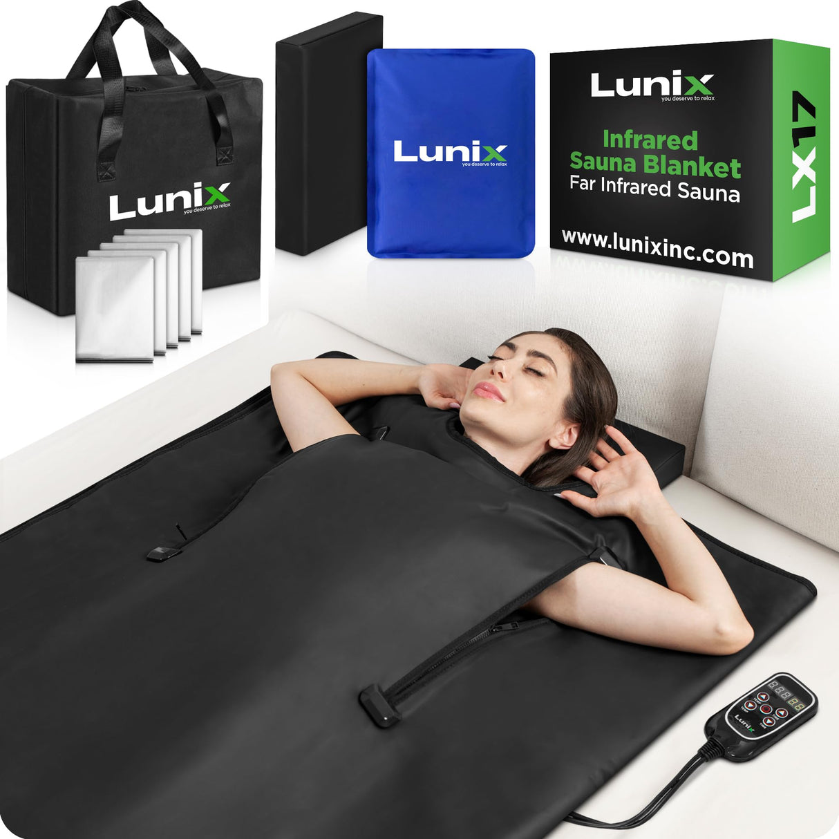 Lunix LX17 Portable Far Infrared Sauna Blanket for Home Relaxation - Temperature Range of 77-176°F - Infrared Sauna Anywhere, with Head Pillow, Detox Wrap, Hot Cold Gel Pack, Jet Black Lunix