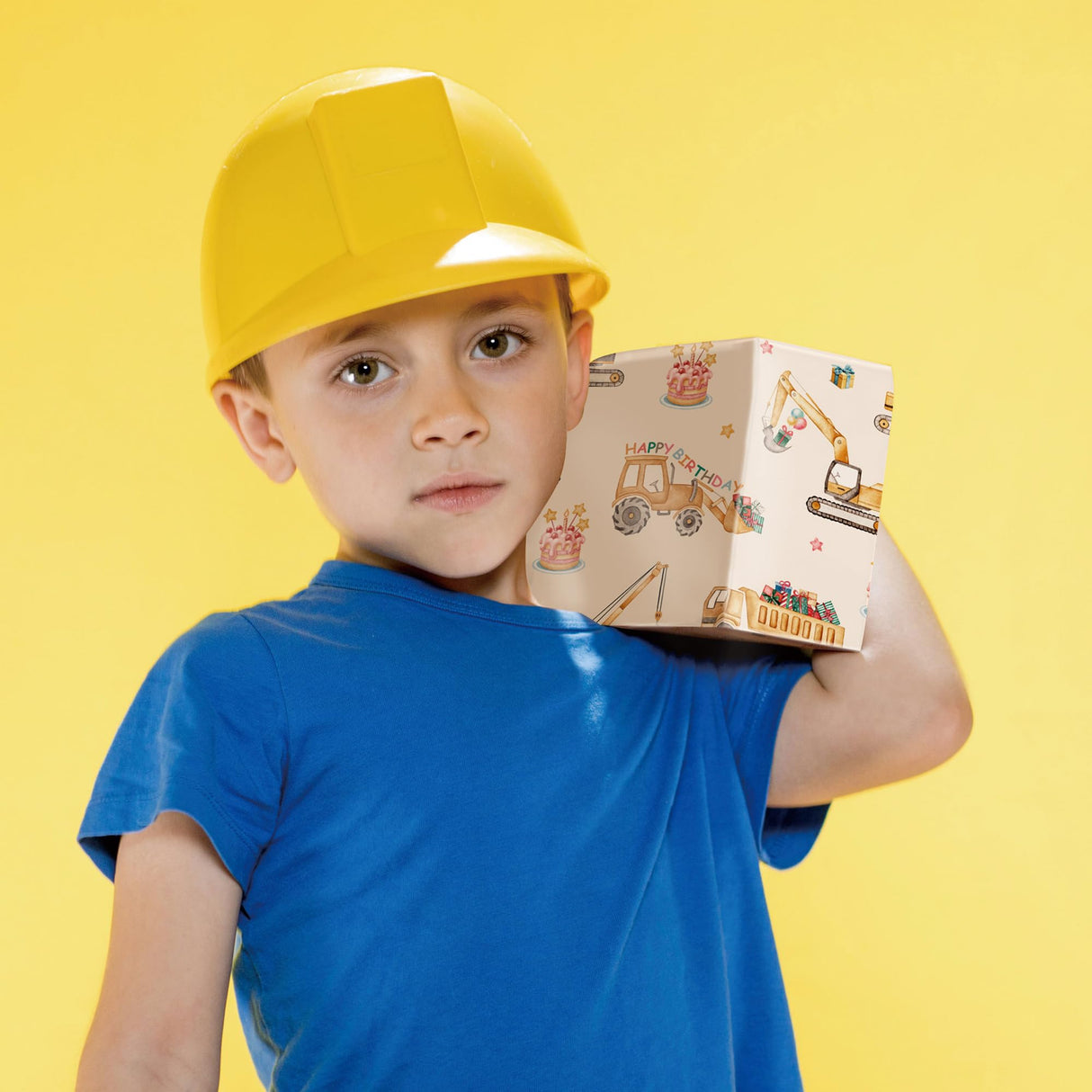 SaringSwoon Construction Birthday Wrapping Paper for Boys Kids- Gift Wrap With Tractor & Trucks, Happy Birthday, Balloons, Cake and Gifts for Birthday, Baby Shower - 28x40 Inches, 4 Folded Sheets SaringSwoon