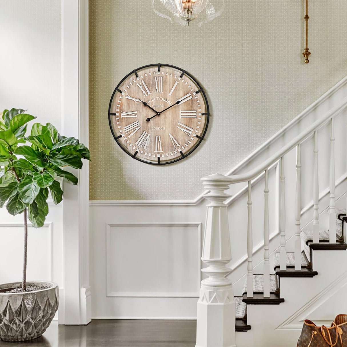 UPPER DECOR 24 Inch Large Farmhouse Wall Clock - Rustic Wooden Silent Wall Clock with Metal Circle & Engraved Numerals, Battery Operated for Kitchen, Bedroom, Living Room, Fireplace Mantel Decor UPPER DECOR