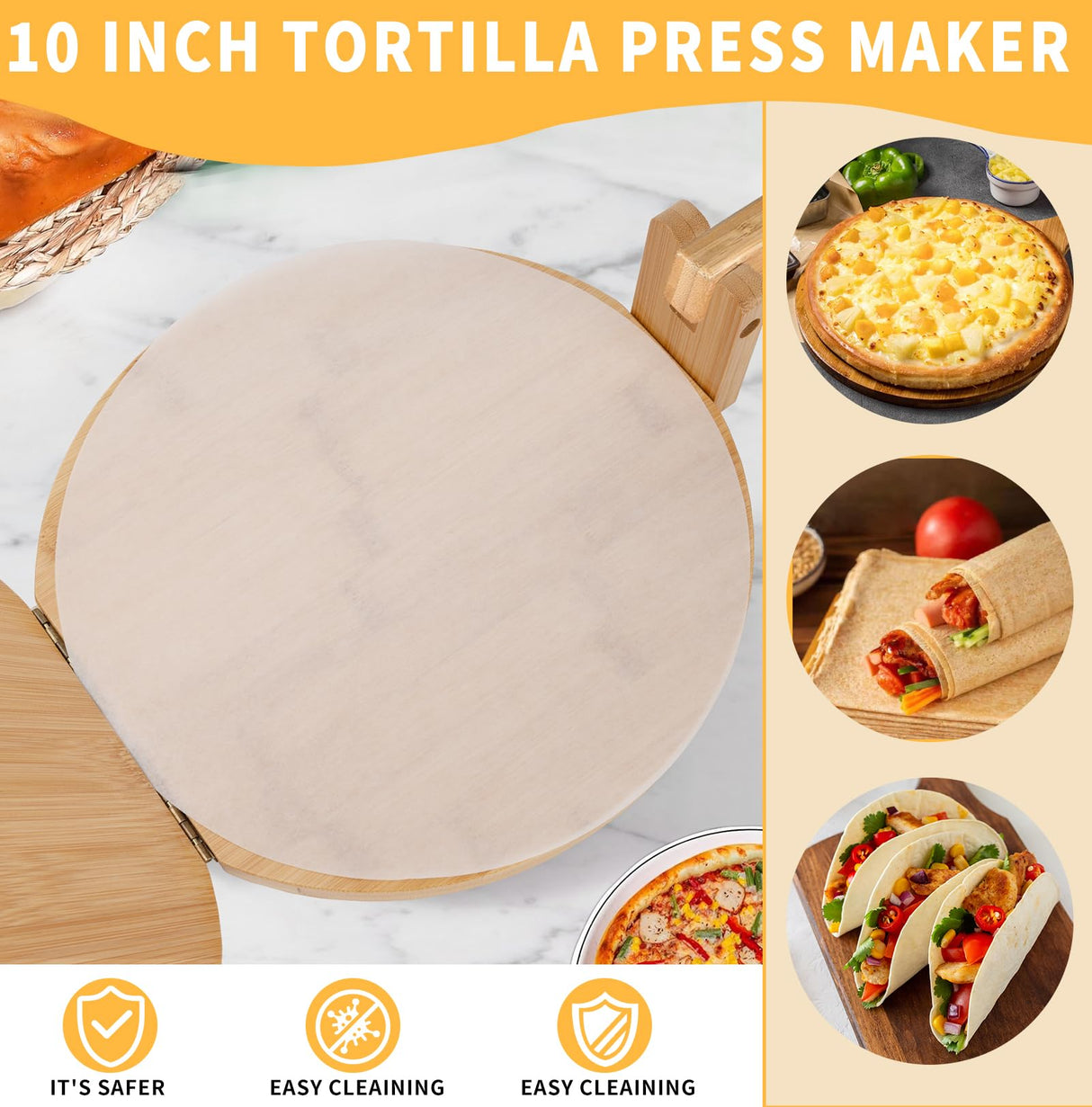 Wooden Tortilla Press 10 Inches with Rolling Pin & 50 Pcs Parchment Paper Mexican Tortillera Presser Homemade Tortillas Roti Pataconera Dough Press Uprony
