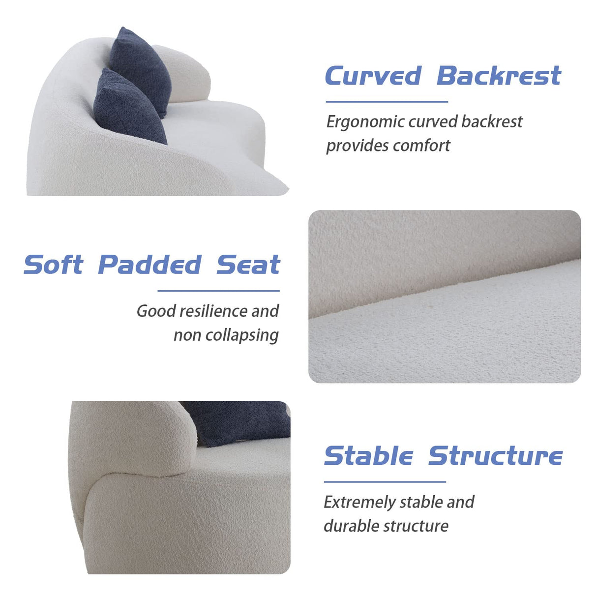 JUSTONE Mid Century Modern Curved Living Room Sofa, 3-Seat Boucle Fabric Couch for Bedroom, Office, Apartment, Beige JUSTONE