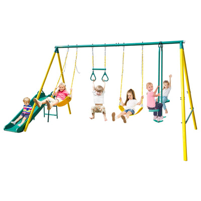 Swing Sets for Backyard, 5 in 1 Heavy-Duty Metal Swing Stand with Belt Swing, Glider, Trapeze Bar, Slide, A-Frame Outside Swing Set for Boy Girl Gift, Holds Up to 550lbs