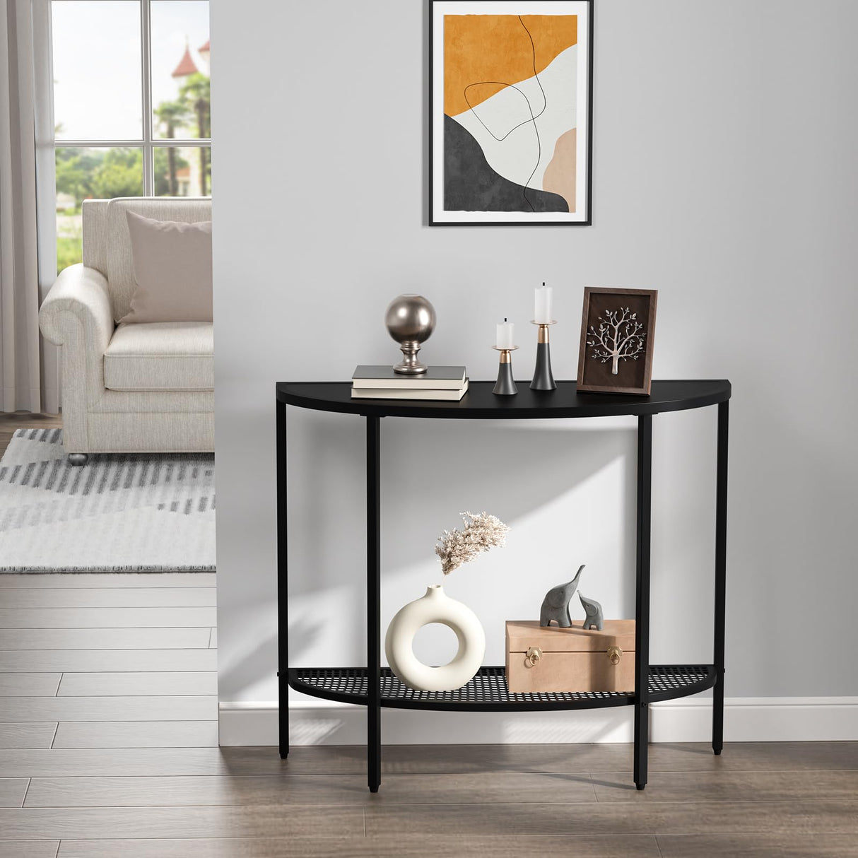 SAYGOER Black Half Moon Console Table 2 Tier Narrow Entryway Table with Storage Modern Couch Table Small Entry Way Tables, Easy Assembly, All Black SAYGOER