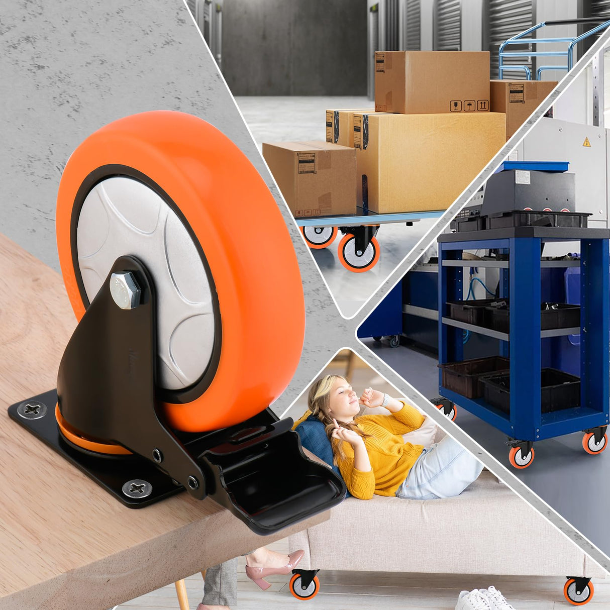 6 Inch Heavy Duty Swivel Caster Wheels with Brake - Set of 4, 3000 Lbs Capacity, PVC No Noise No Marking Wheels for Furniture, Carts, and Equipment (Includes Free Screws) Moogii