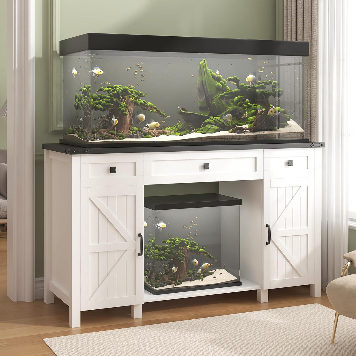 Saudism 55-75 Gallon Aquarium Stand With Charging Station, Farmhouse Fish Tank Stand, Reptile Tank Stand Terrarium Stand with Drawer and Cabinet Storage, Sturdy Heavy Duty 53.5"×19.7" Tabletop - White Saudism