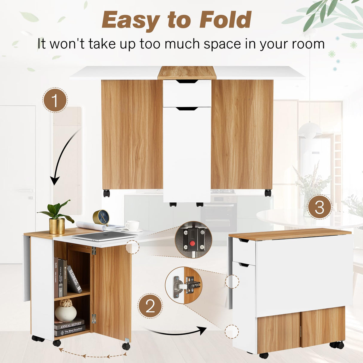 UPHYB Folding Dining Table, Drop Leaf Dining Table with Lockable Wheels, Space Saving Extendable Dinner Table with Storage, Kitchen Table for Small Spaces (White and Wood Grain) UPHYB