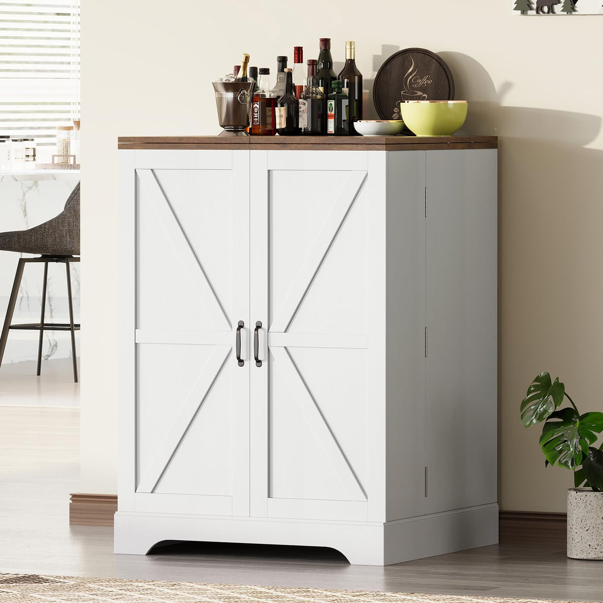 AMERLIFE 61" Farmhouse Bar Cabinet with 9 Wine Racks, Folding Storage Wine Liquor Cabinet, Expandable Coffee Bar Station with Drawer, Mini Bar, Home Bar for Kitchen Dining Room, Rustic White AMERLIFE